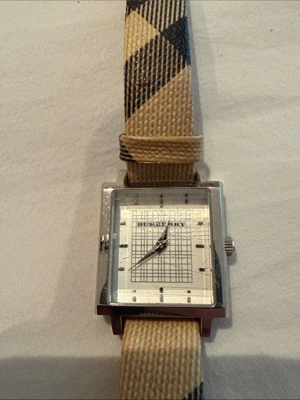 Burberry Beige & Black Plaid Square Dial Watch